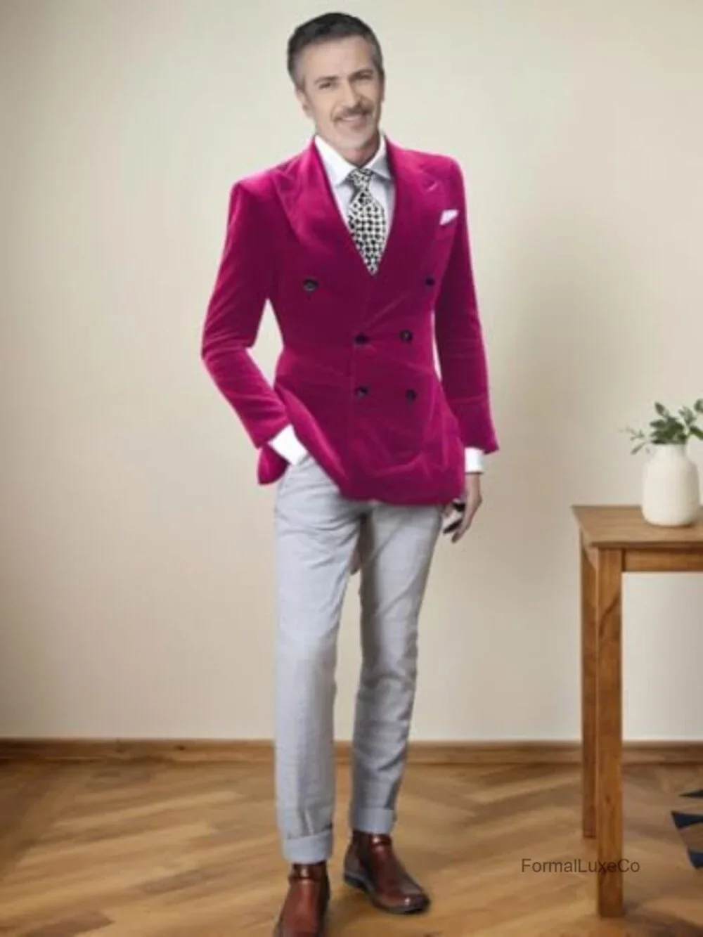 Men's Velvet Double Breasted Blazer Peak Lapel Tuxedo Dinner Suit Jacket